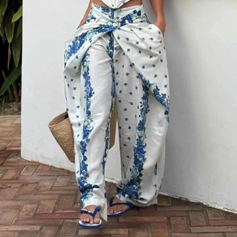 Printed Fishbone Top And Pleated Pants Two Piece Set For Women