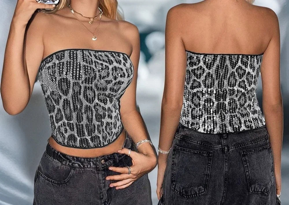 Sleeveless Top for Women Streetwear Slim Fit Type Leopard Print Strapless Sequined Ultra Short Vests Female Summer 2025 New