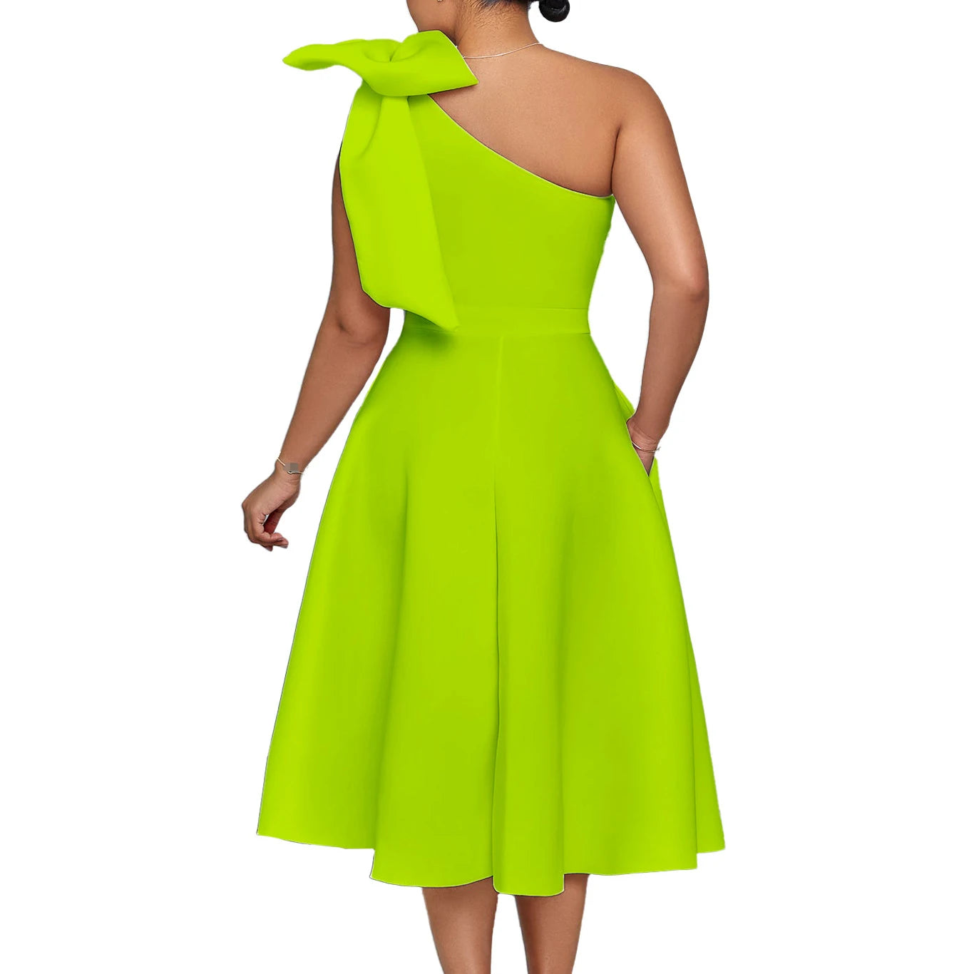 Dress One Shoulder A Line Pleated Knee Length Sleeveless Bow Belt Elegant Party Style