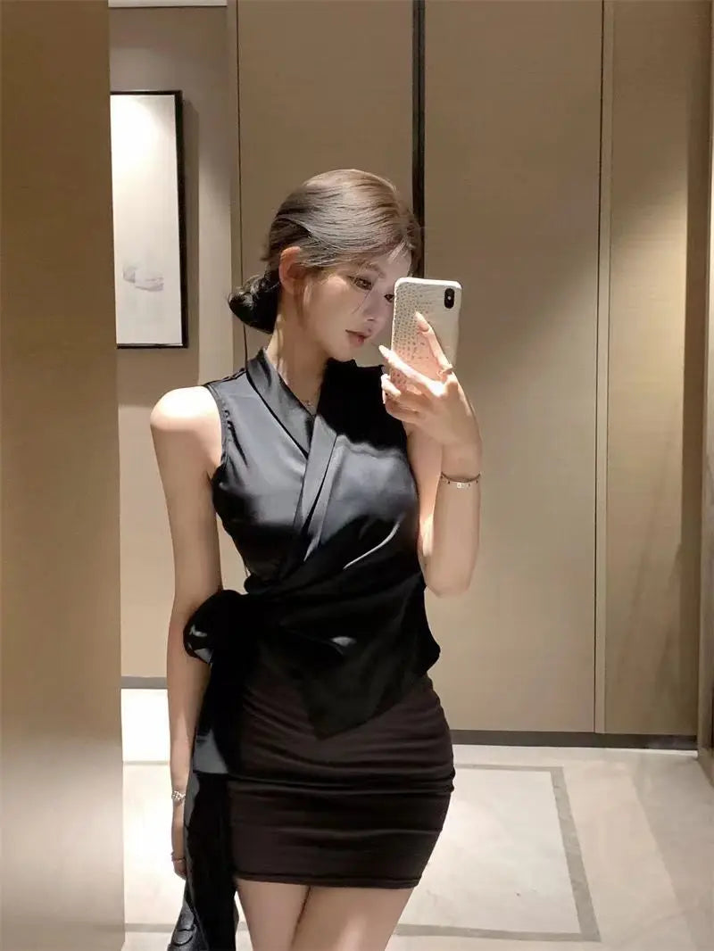 Solid V Neck Bandage Sleeveless Elegant Top for Women