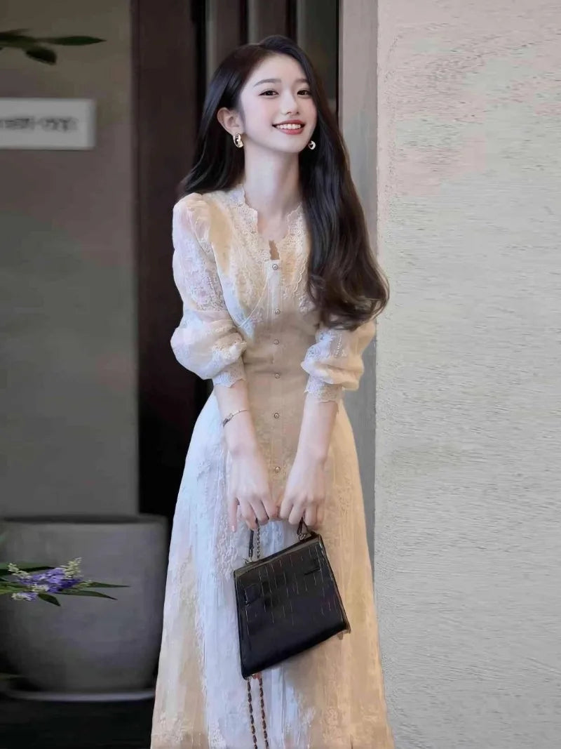 Elegant Lace Embroidered A-Line Dress with Long Sleeve for Women