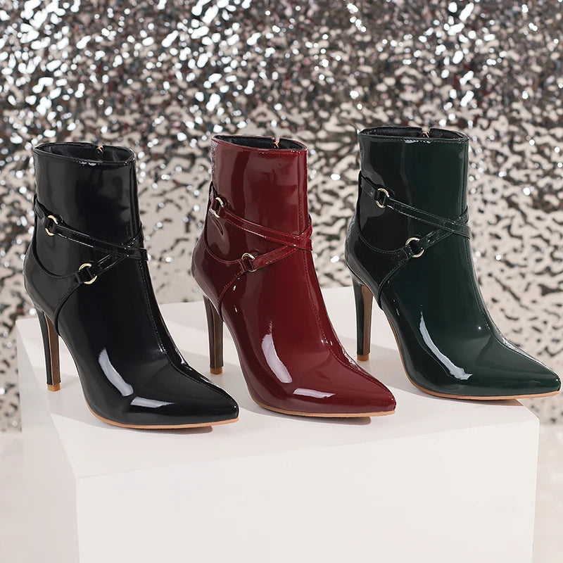 Glossy Patent Leather Pointed Toe Stiletto Ankle Boots for Women