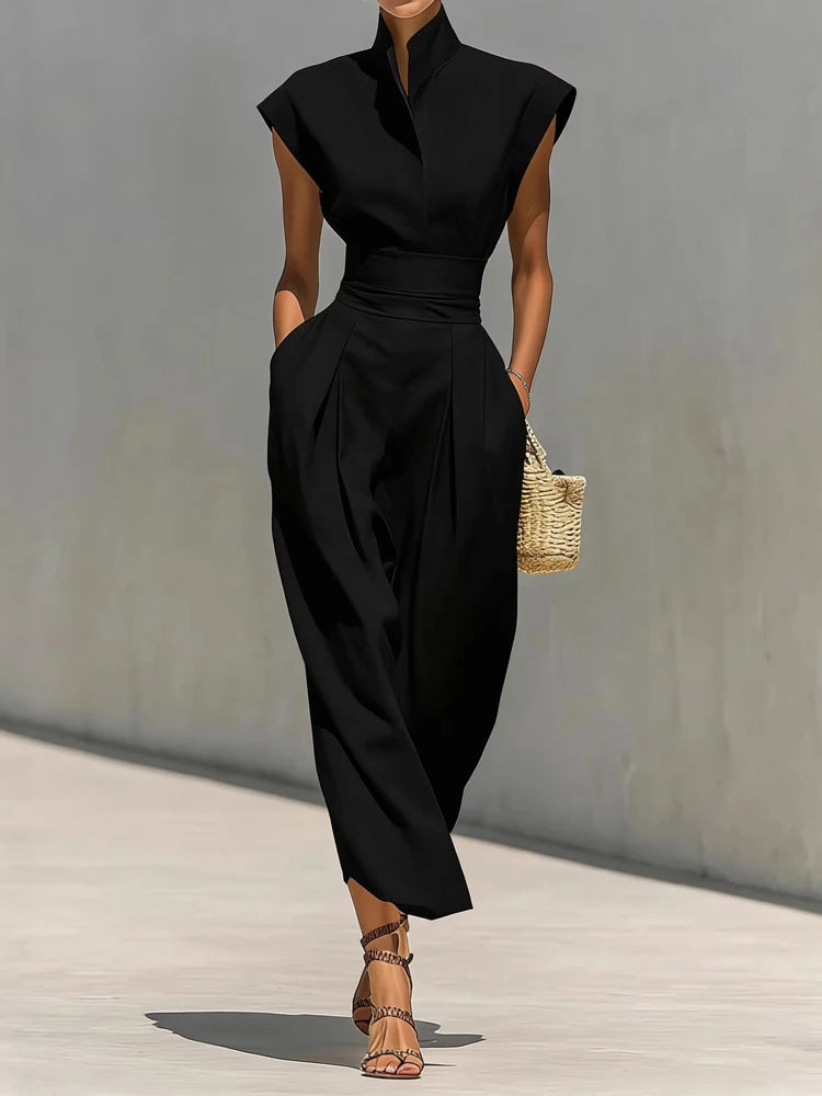 Elegant Stand Collar Pocket Summer Long Dress for Women