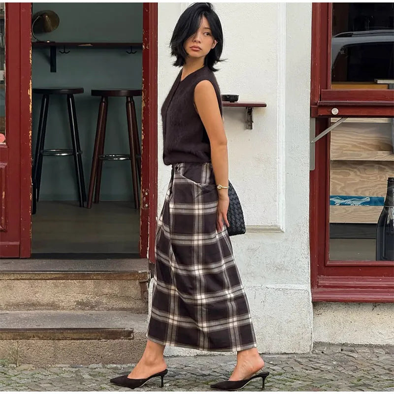 Women Checked Midi Skirt Fashion Casual Pleated Irregular High Waist Slim Mid-length Bottom Lady Daily New Commute Street Skirts