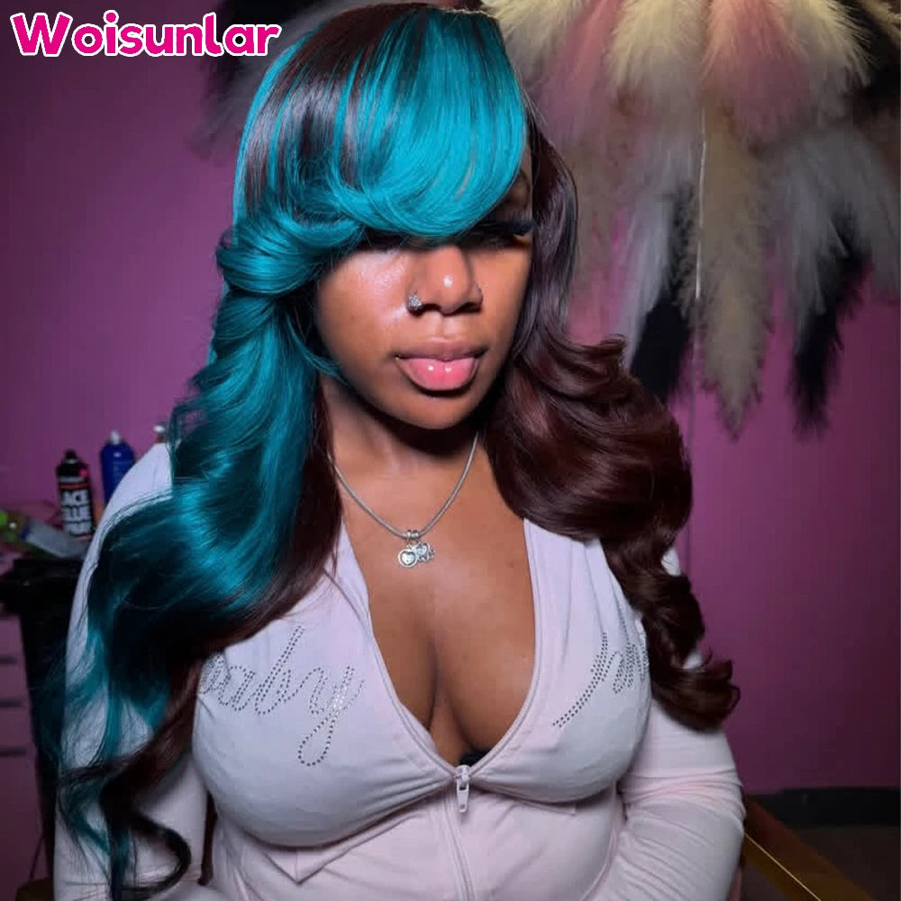 36 inches Highlight Brown and Blue Front Lace wig human hair 13x4 Transparent Lace body wave Black Women Natural 100% Human hair