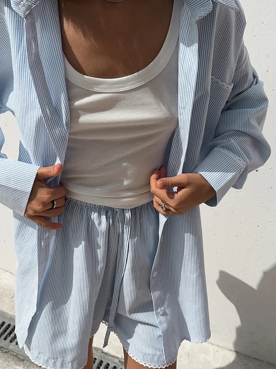 Striped Long Sleeve Cotton Shirt And Shorts Set For Women