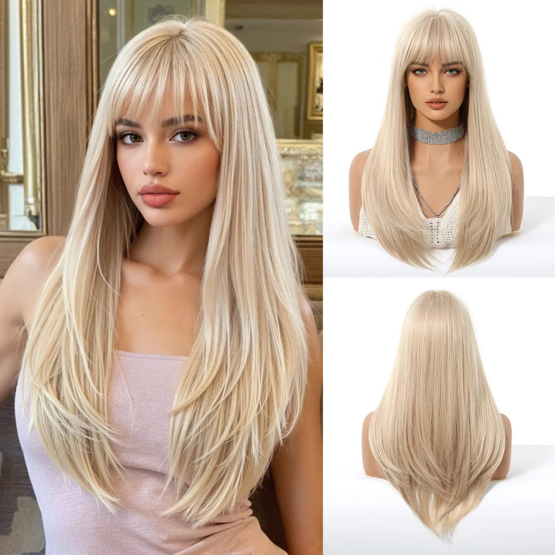Long Layered Orange Straight Wig With Bangs for Women