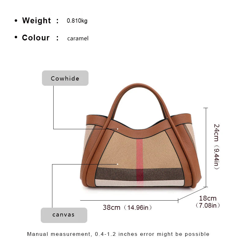 Retro Checkered Large Capacity Canvas And Leather Handbag for Women