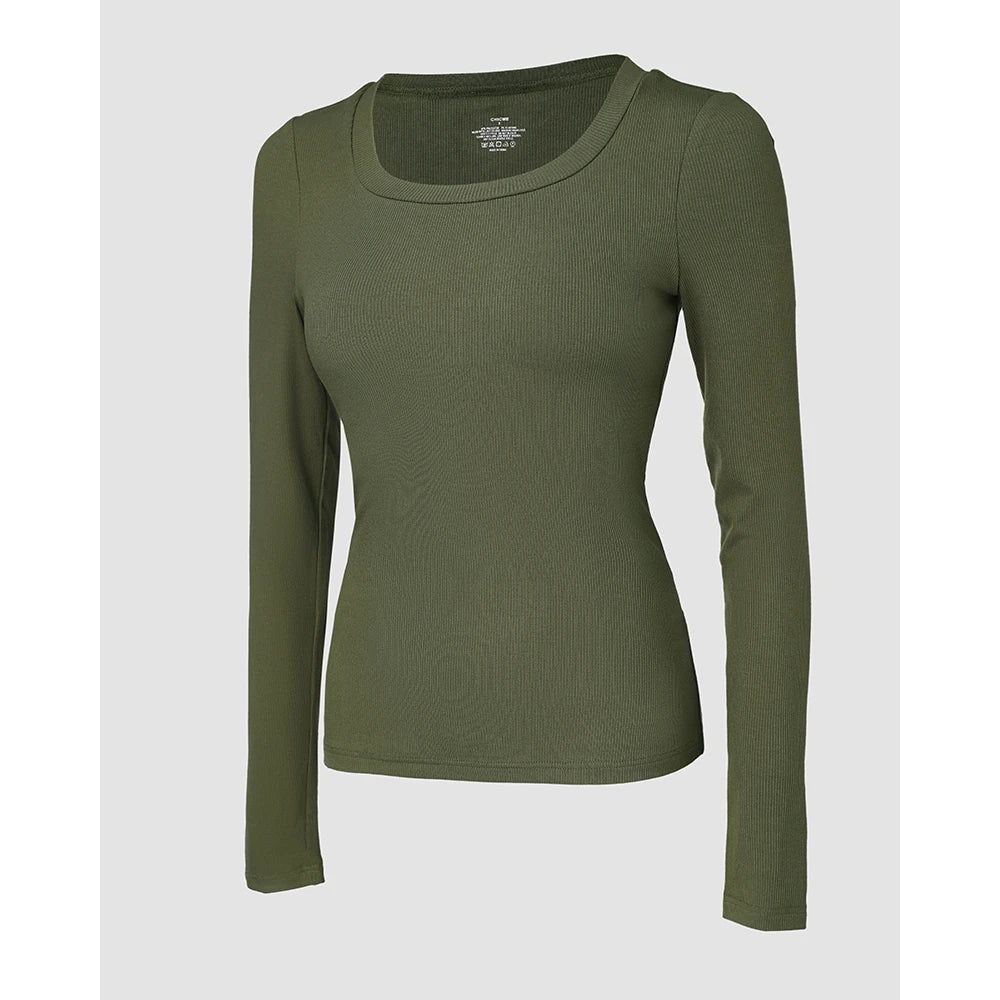 Autumn Spring Women U-Neck Built-in Bra Long Sleeve Ribbed Top Femme Skinny Casual Basic Easy Matching T-Shirts