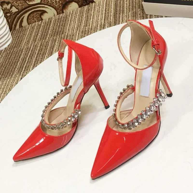 Crystal Embellished Pointed Toe Patent Leather Buckle Heels for Women