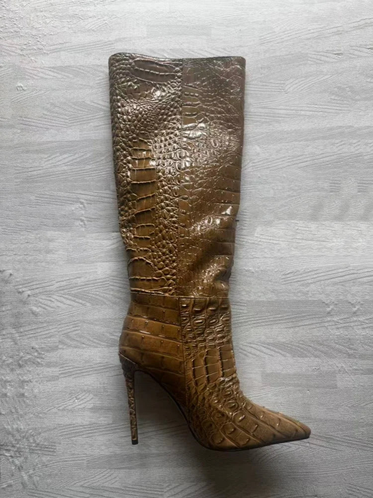 Crocodile Embossed Knee High Stiletto Boots for Women