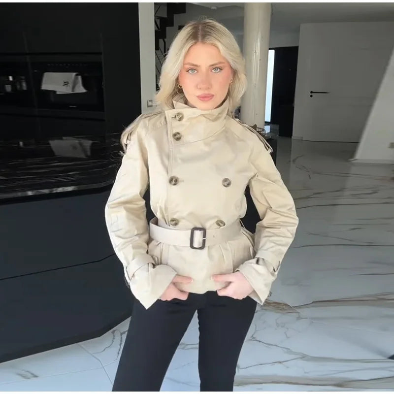 Chic Belt Women's Coat Elegant Stand Collar Full Sleeve Single Breasted  Female Jacket 2025 Autumn Fashion Commuter Windbreaker