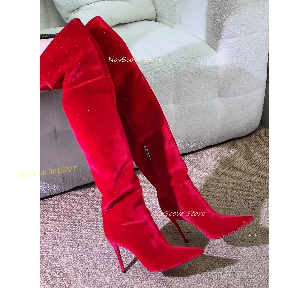Red Suede Rhinestone Stiletto Over The Knee Boots for Women