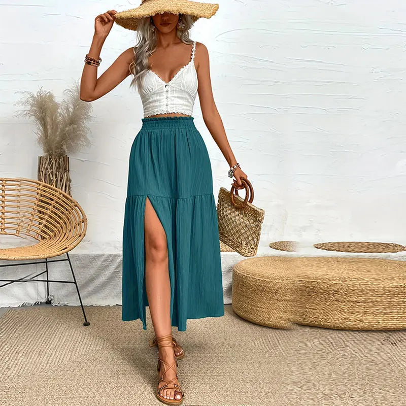 New Women Skirt Fashion Bohemian Midi Skirt High Waist Solid A Line Ruffle Skirt Casual Side Slit Beach Skirts 3 Colors Skort