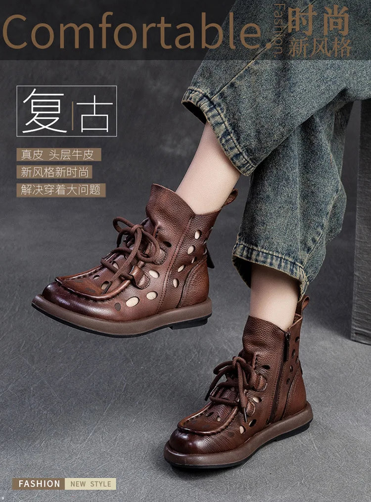 Breathable Hollow-Out Genuine Leather Ankle Boots for Women