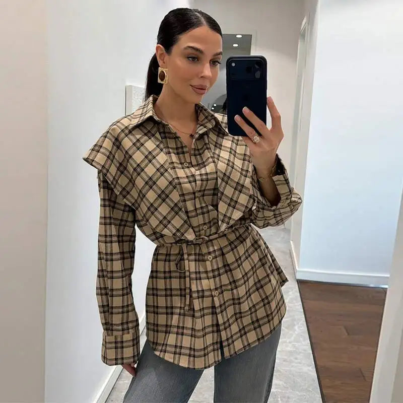 Elegant Plaid Patchwork Long Sleeve Shirt for Women