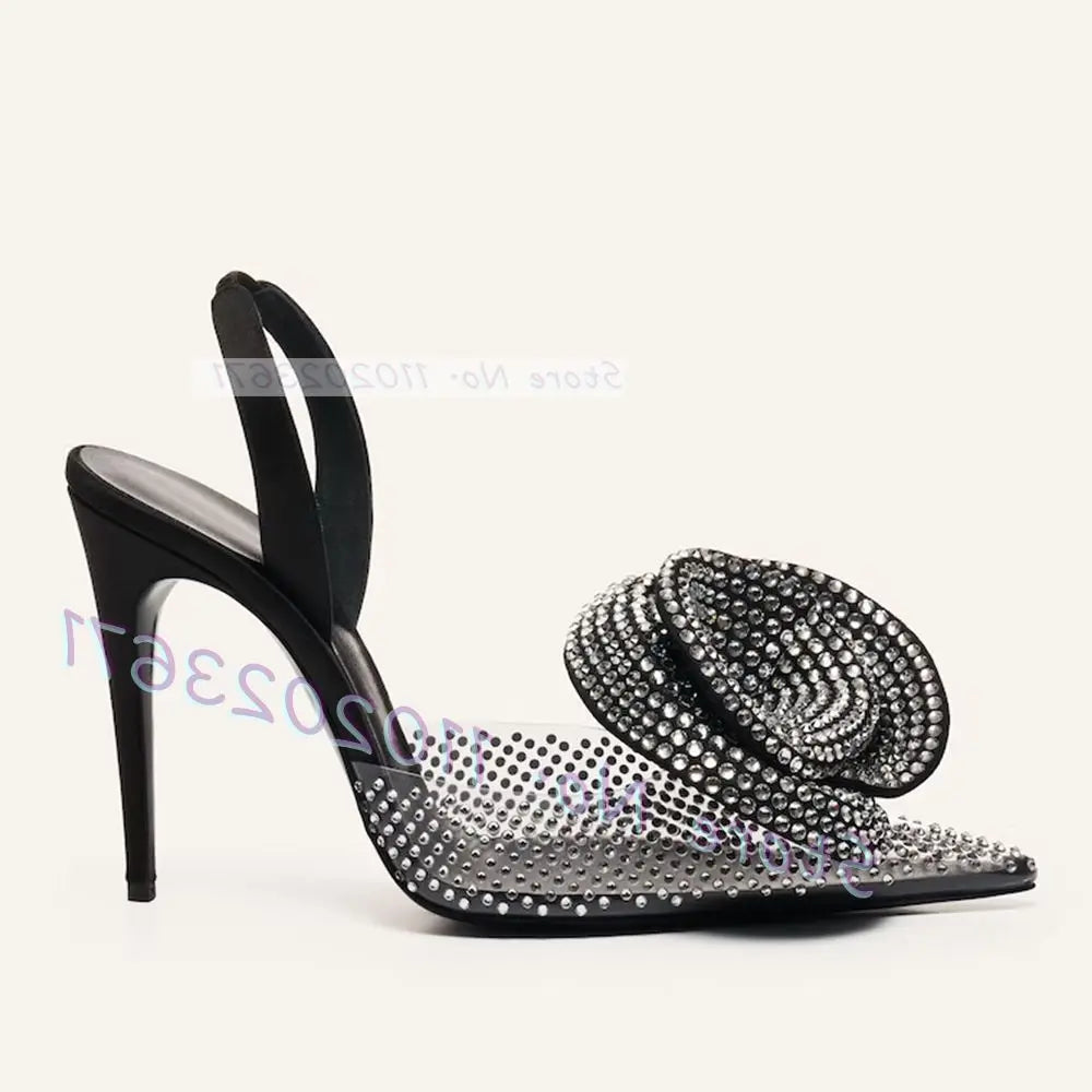 Pointy Rhinestone Flower Pvc Sandals Women Slingback Transparent High Heels Sandals Summer Runway Female Luxury Party Shoes