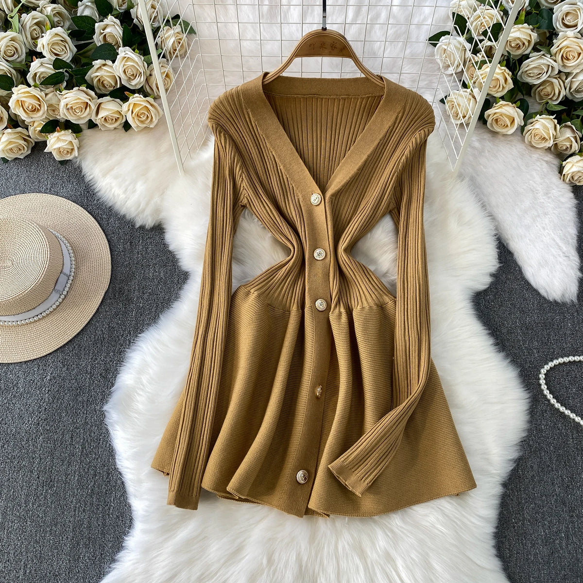 V Neck Knit A Line Long Sleeve Mini Dress for Women