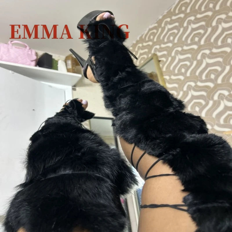 Faux Fur Wrap Cross Tied Platform Open Toe Sandals for Women