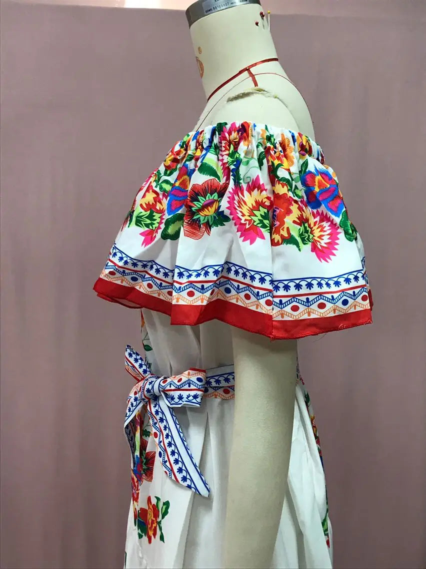 Floral Print Off Shoulder High Waist Dress for Women