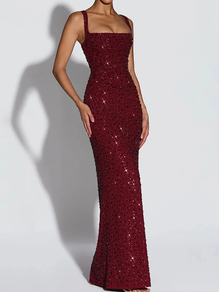 Elegant Sequined Backless Sleeveless Maxi Party Dress for Women