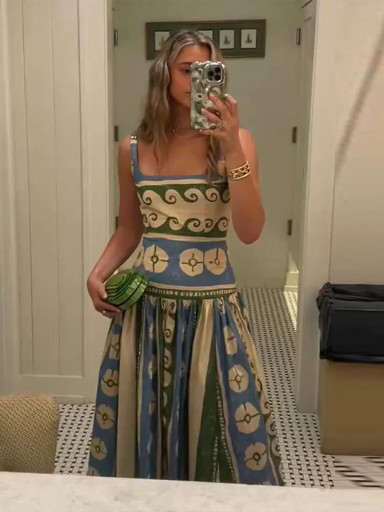 Printed Sleeveless Backless V Neck Midi Dress for Women