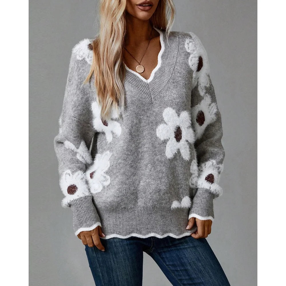 Women Contrast Binding 3D Flower V Neck Long Sleeve Pullover Sweater Casual Loose Fit Fall Top for Autumn Winter Outfits