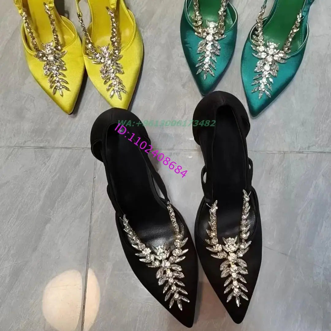 Satin Rhinestone Pointed Toe Stiletto Pumps For Women