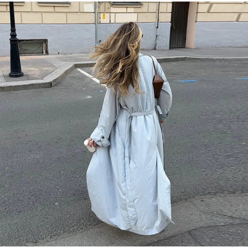 Lapel Collar Button Front Long Trench Coat With Waist Belt for Women