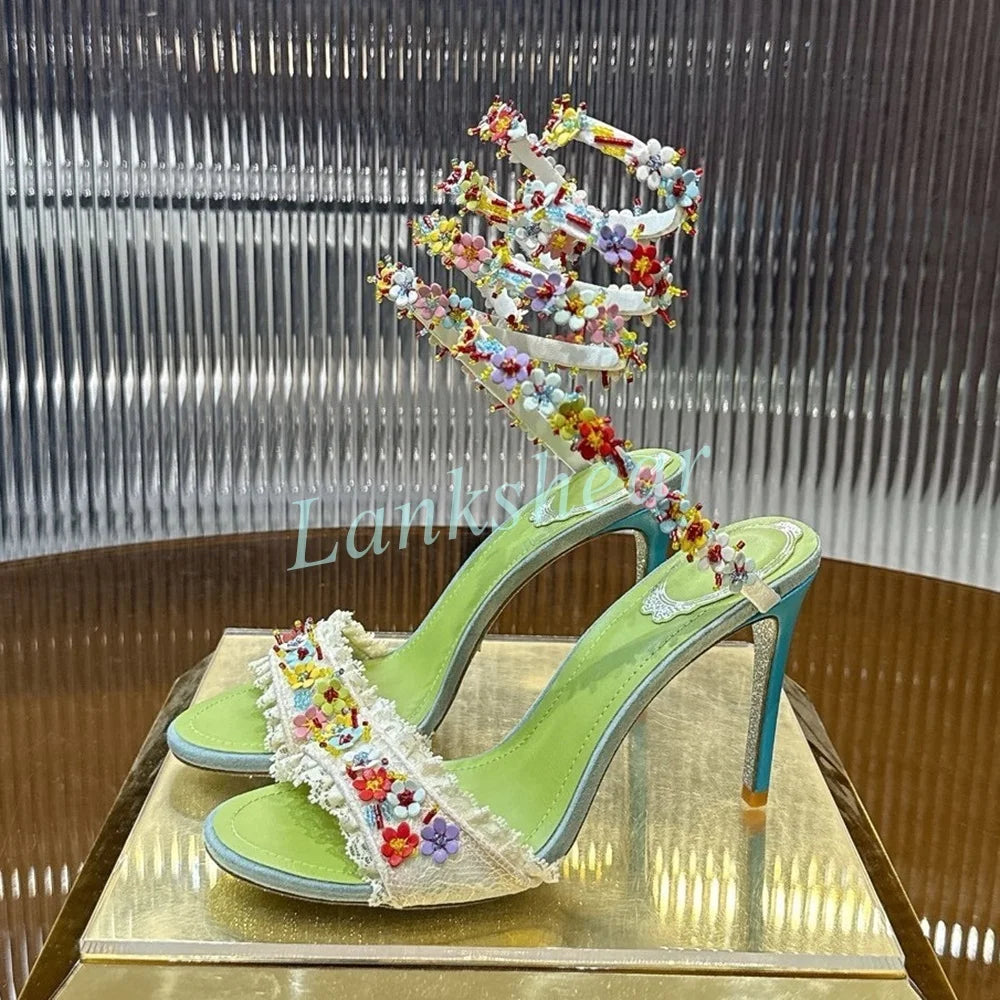 Mint Green Crystal Embellished Stiletto Sandals for Women
