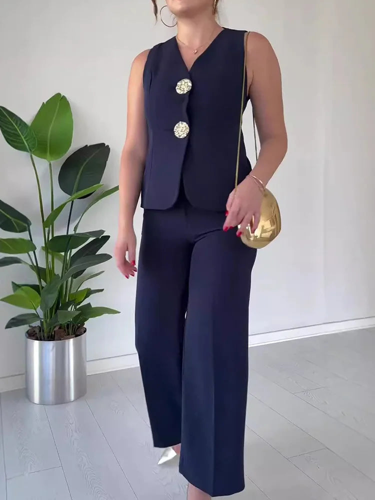 Women Summer Cardigan Top Chic Outfit, Solid Patchwork Wide Leg Pants Matching Sets, Sleeveless V Neck Ladies Suits Streetwear