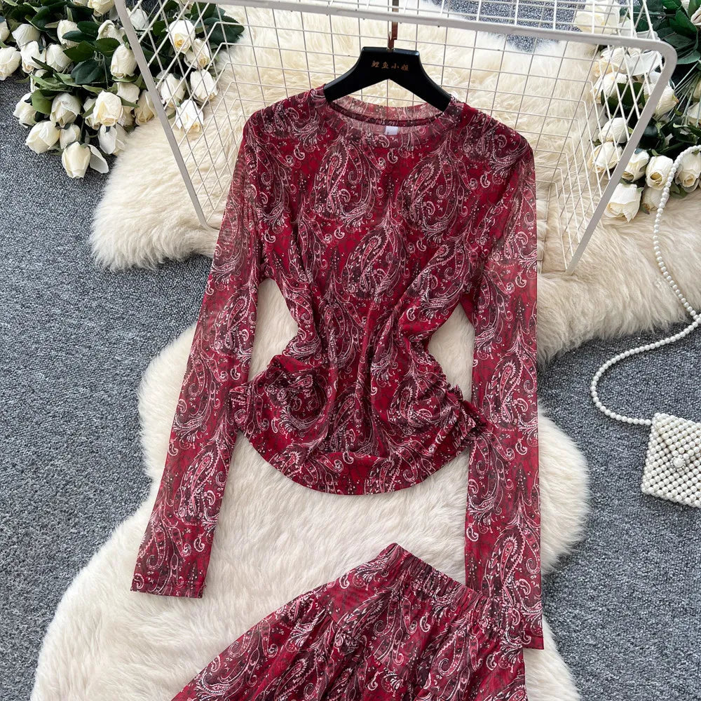 Printed Skirt Set With Long Sleeve Top