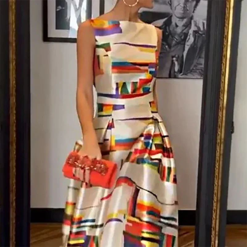 Elegant Printed O-Neck Evening Dress 2023 Sexy Hollow Sleeveless Waist Tank Dress New Casual Pleated Office Long Dress Vestidos