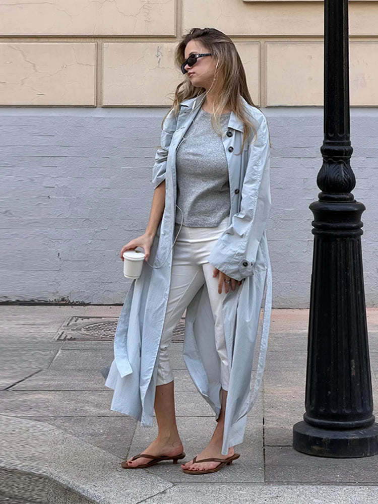 Lapel Collar Button Front Long Trench Coat With Waist Belt for Women
