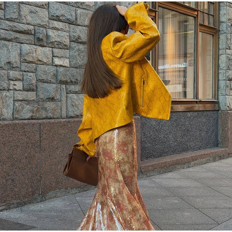 Retro Snake Print Faux Leather Cropped Jacket for Women