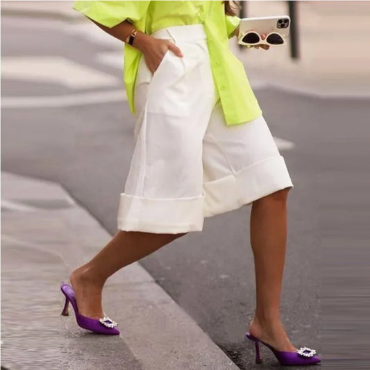 Kristargirls Women’s Wide Leg Pants & Capris for Summer 2025 Loose Casual Knee Length White Shorts Trousers Bottoms for Female