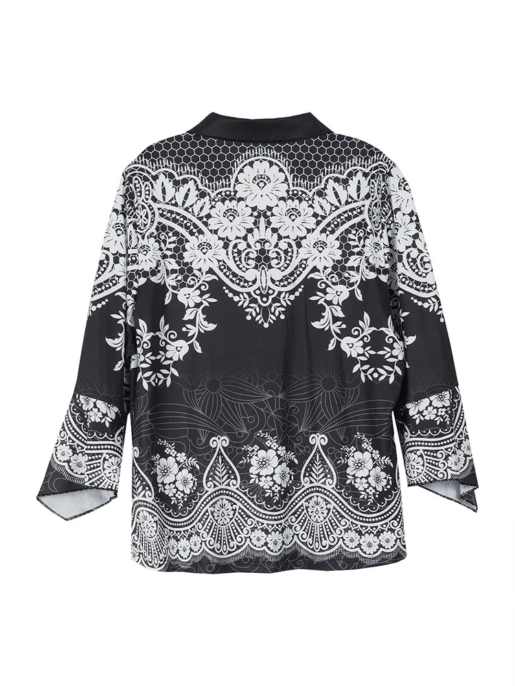 Plus Size Women's Flower Print Irregular Cuff T-Shirt Spring and Autumn Casual Quarter Sleeve Tops Women's