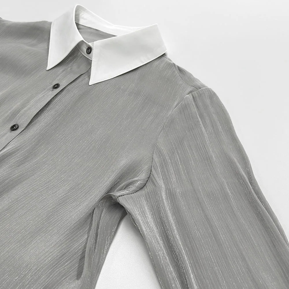 Summer Elegant Spliced See Through Mesh Blouse for Women