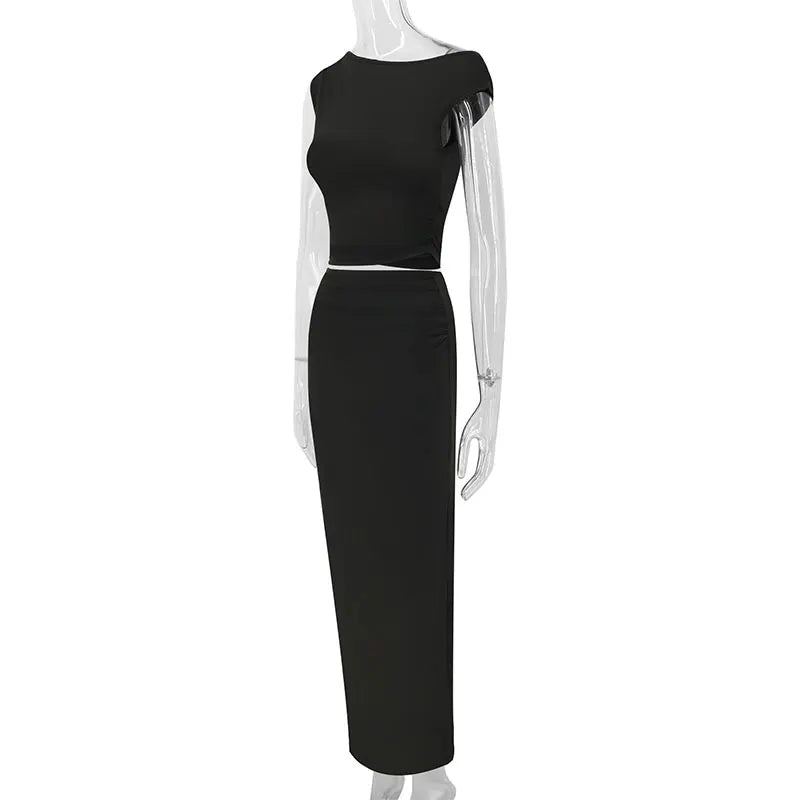 Women's Tank Maxi Skirt Spring New Two Piece Fashion Tank Black Sexy Split Skirt Lady Casual Slim Elegant High Quality Clothing