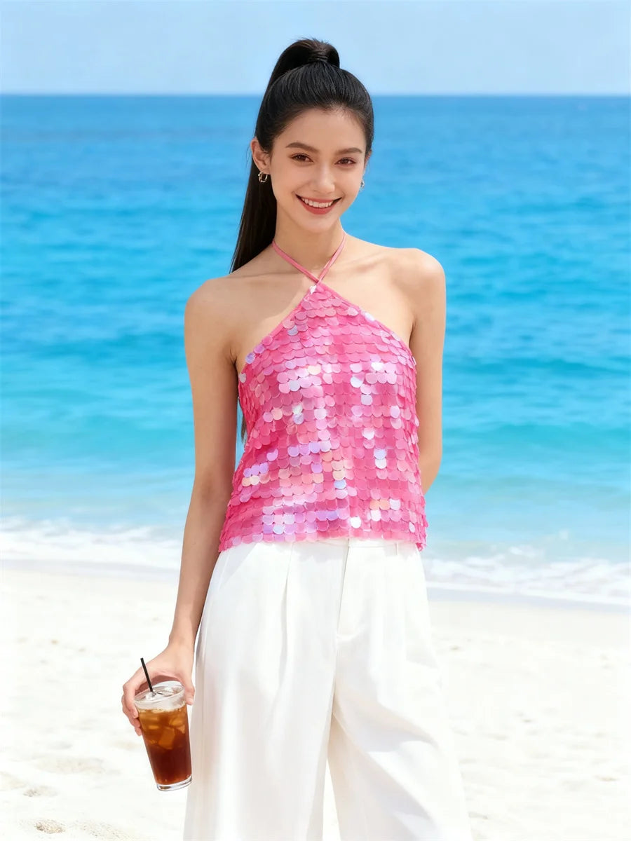 Sequin Halter Neck Backless Casual Tank Tops for Women