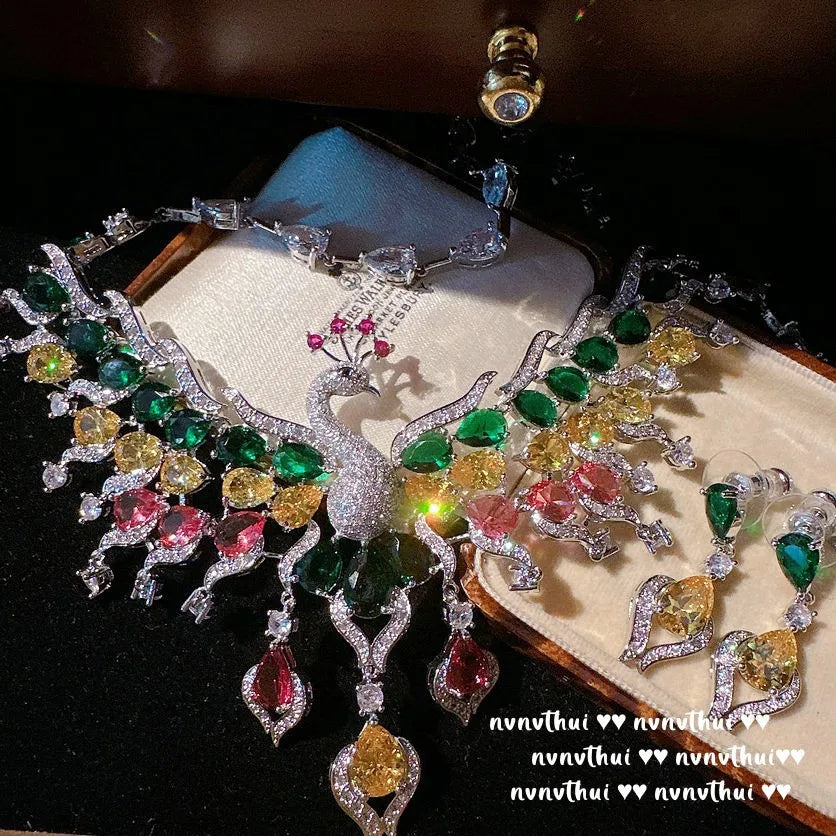Sparkling Peacock Zircon Necklace and Earring Set for Women