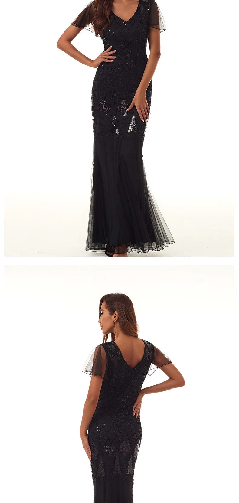 Sequined Beaded Mermaid Dress With V Neck for Women