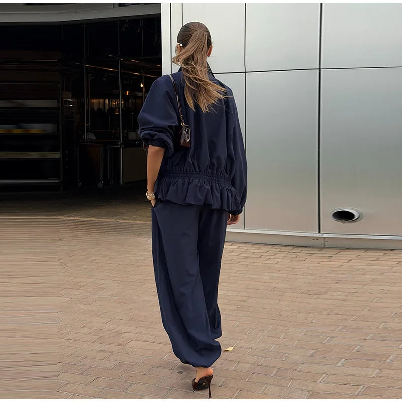 Ruffle Hem Jacket and Jogger Pants Two Piece Set for Women