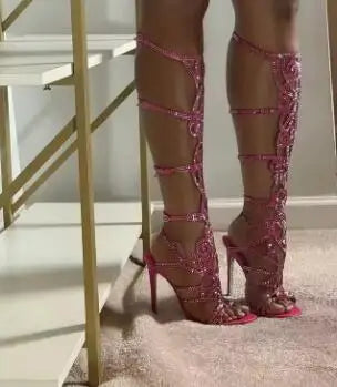 Crystal Embellished Gladiator Knee Boots for Women