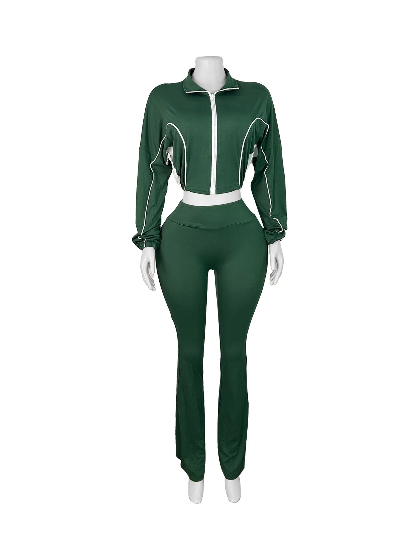 FAGADOER Casual Stripe Patchwork 2 Pieces Set for Woman Zip Long Sleeves Ruched Crop Top + Flare Pants Tracksuit Female Jogger