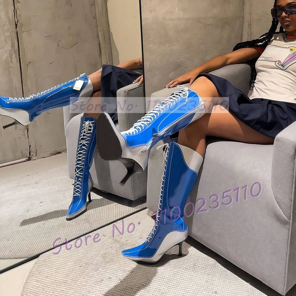 Blue Patent Leather Pointy Toe Knee High Boots for Women