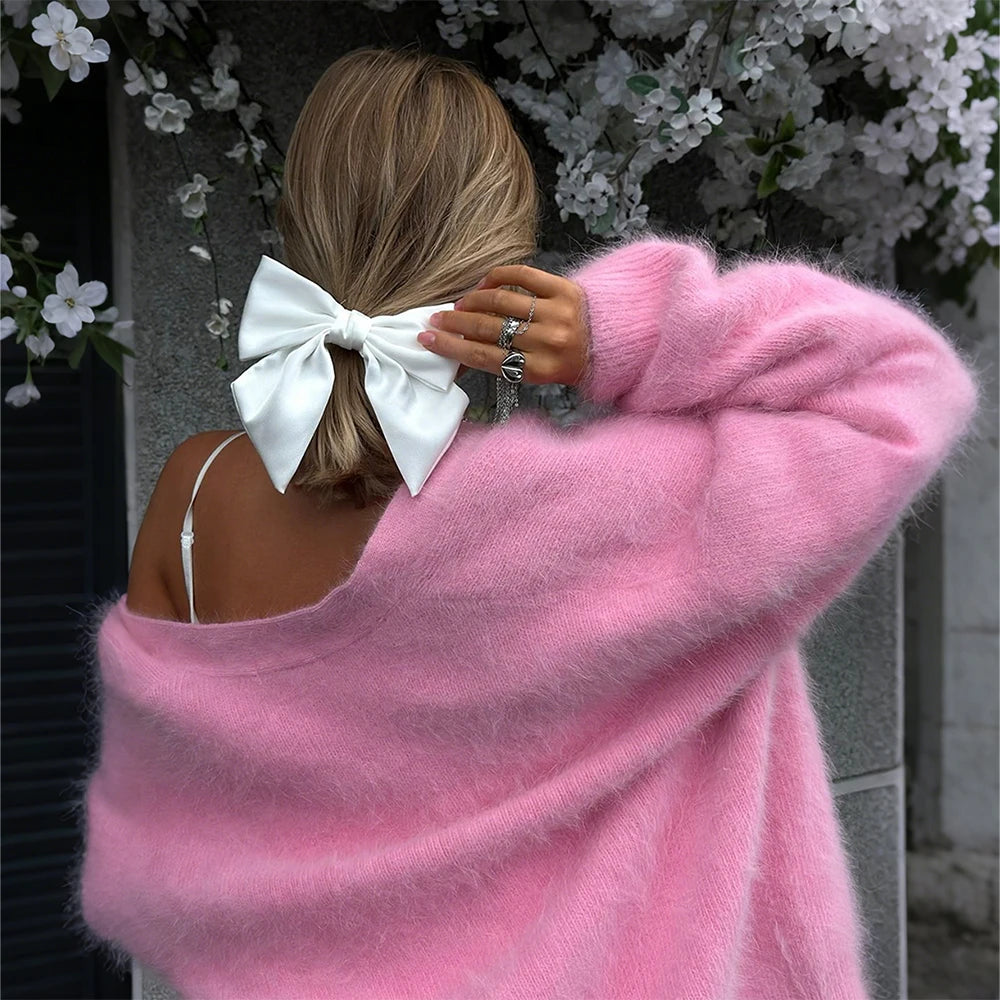 Women's Solid Fluffy V-Neck Long Sleeve Cardigan Sweater Cover Up Tops Autumn Winter Ladies Thick Softy Casual Loose Blouse S-L