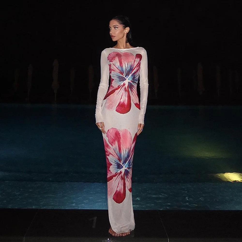 Long Sleeve Mesh Maxi Dress with Stripe Print for Women