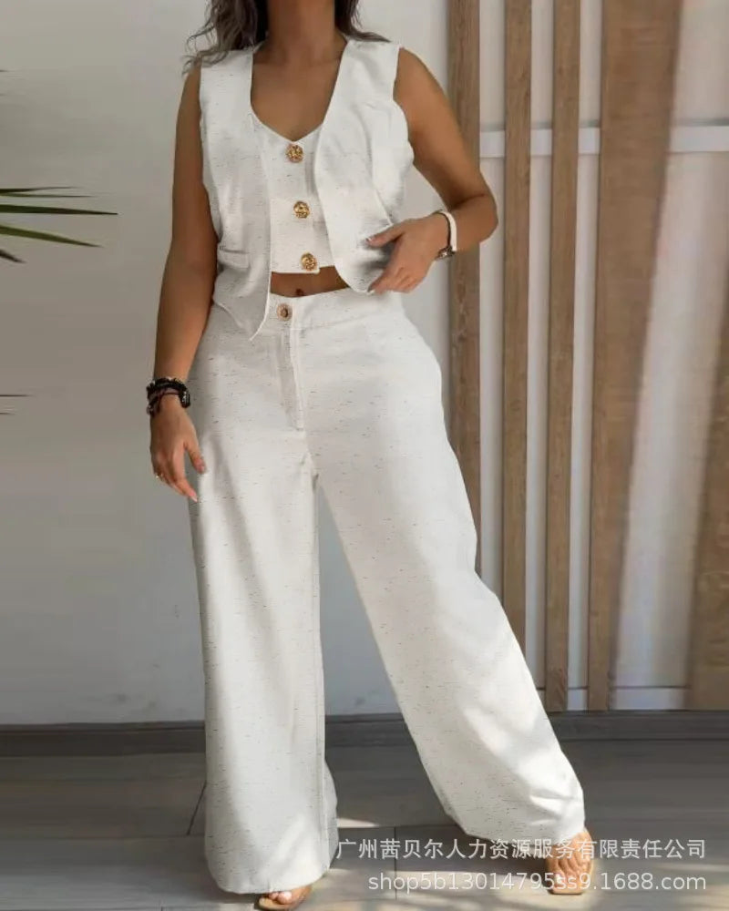 Women New 2 Pieces Outfits Metal Button Decor V Neck Sleeveless Tank Top and Casual Plain Loose Fit Pants Set