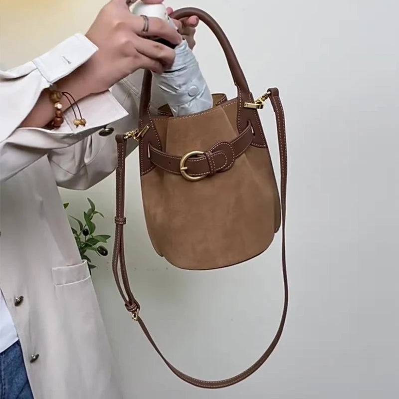 Fashion Luxury Handbag High-grade Leather Trend Versatile Simple Drawstring Bucket Bag Retro Texture Brand Designer Shoulder Bag